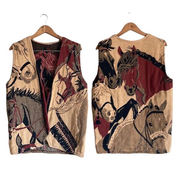 Vintage Tapestry Woven Horses Vest OS INVU8 - Picture 1 of 7